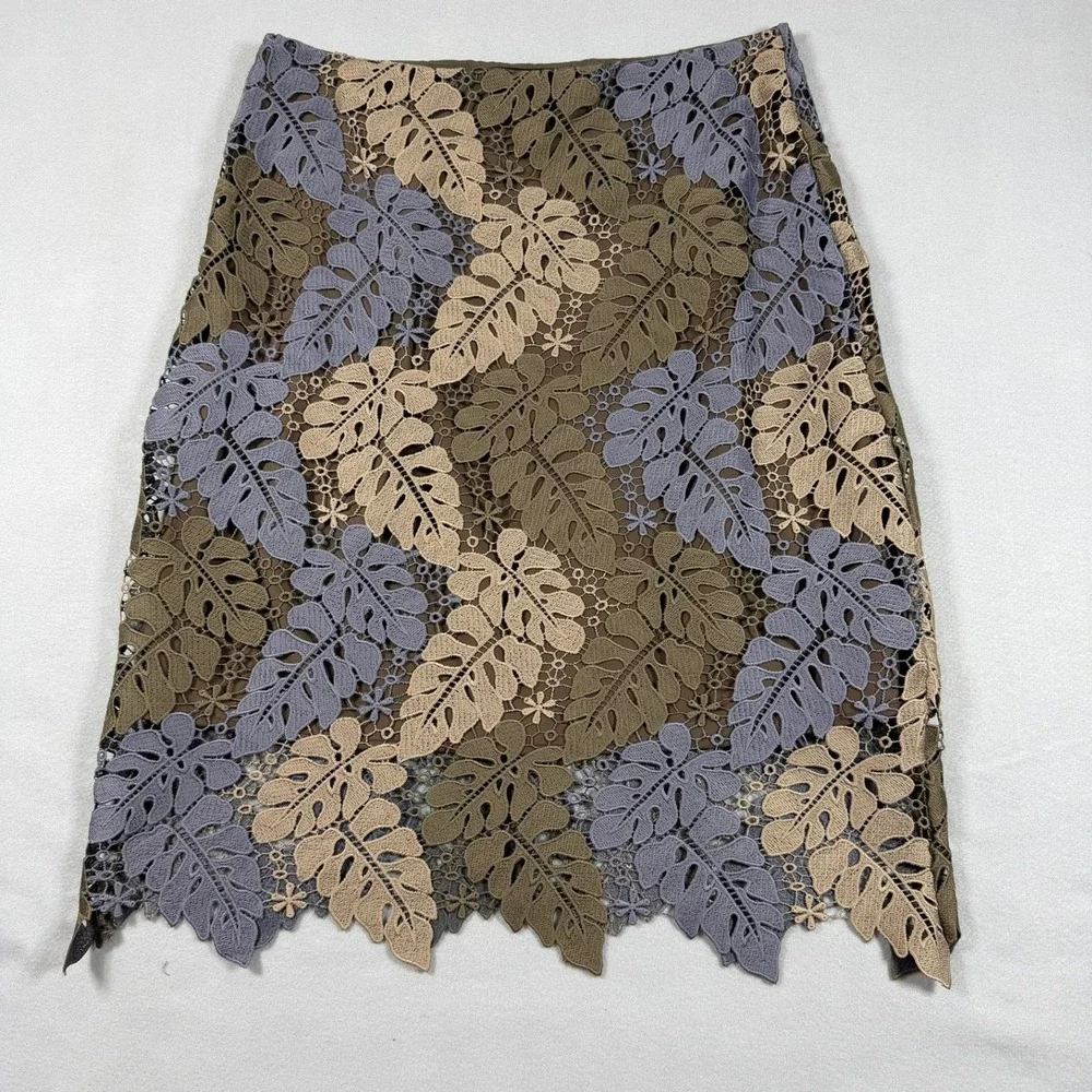 Chicwish Olive Tan Blue Leaf Crochet Lace Midi Skirt Scalloped Hem XL Boho